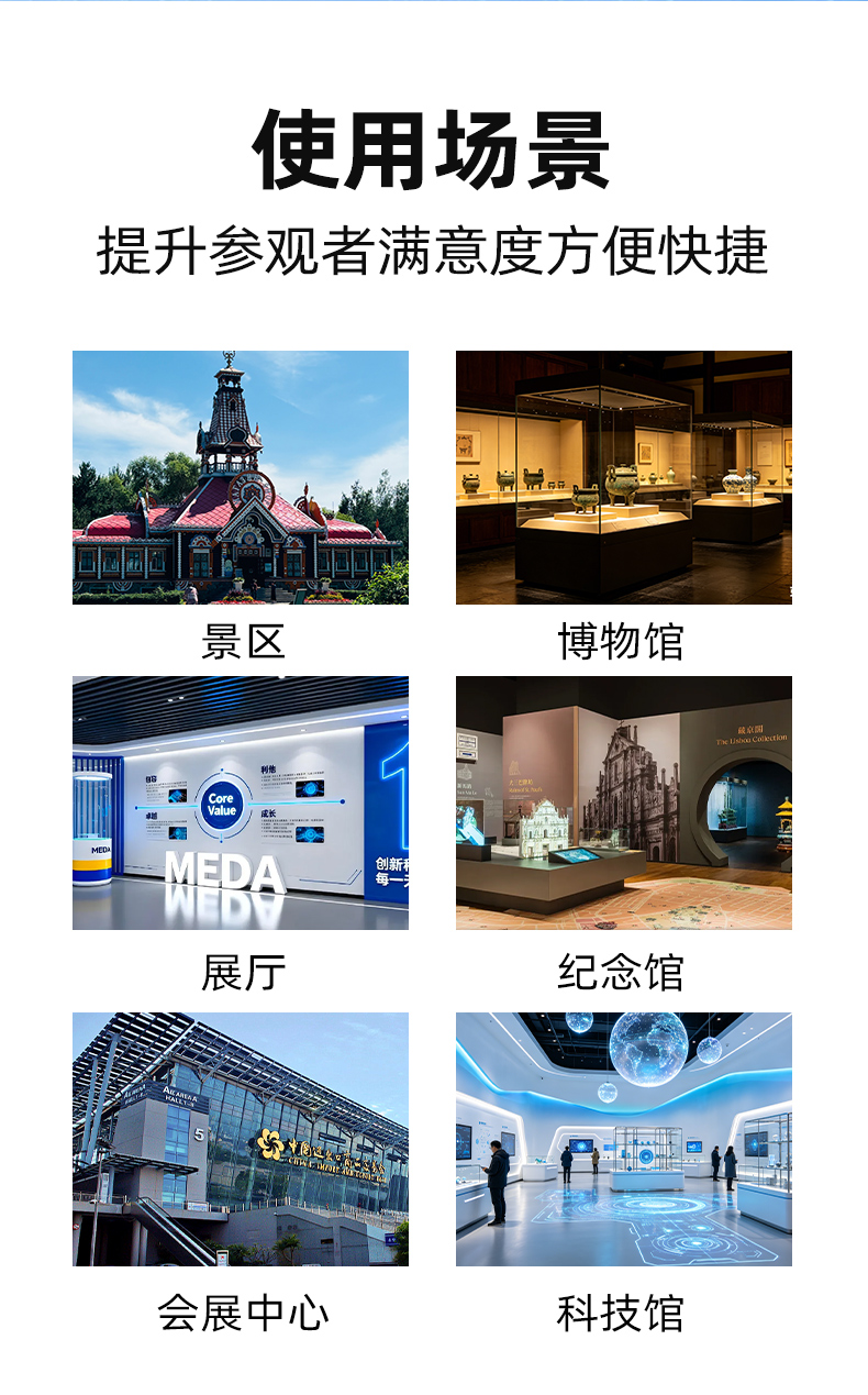 自助導覽服務驛站應用場景：景區、博物館、科技館。